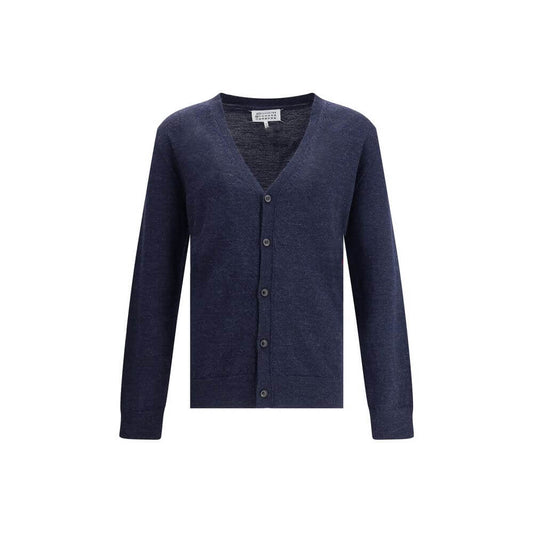 Maison Margiela Blue Wool Cardigan with V-neck, button closure, and ribbed hem, featuring elegant elbow patches for timeless style.