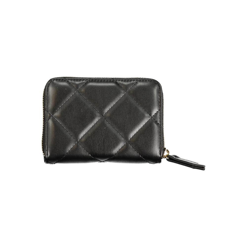 Mario Valentino Black Polyethylene Wallet featuring quilted design, zip closure, contrasting details, and multiple compartments.