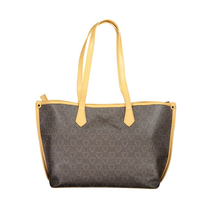 Mario Valentino Brown Polyethylene Handbag with contrasting yellow details and logo design, featuring multiple compartments and zip closure