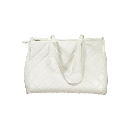 Alt Tag: Mario Valentino White Polyethylene Handbag with 2 handles and laptop compartment, featuring contrasting details and zip closure.