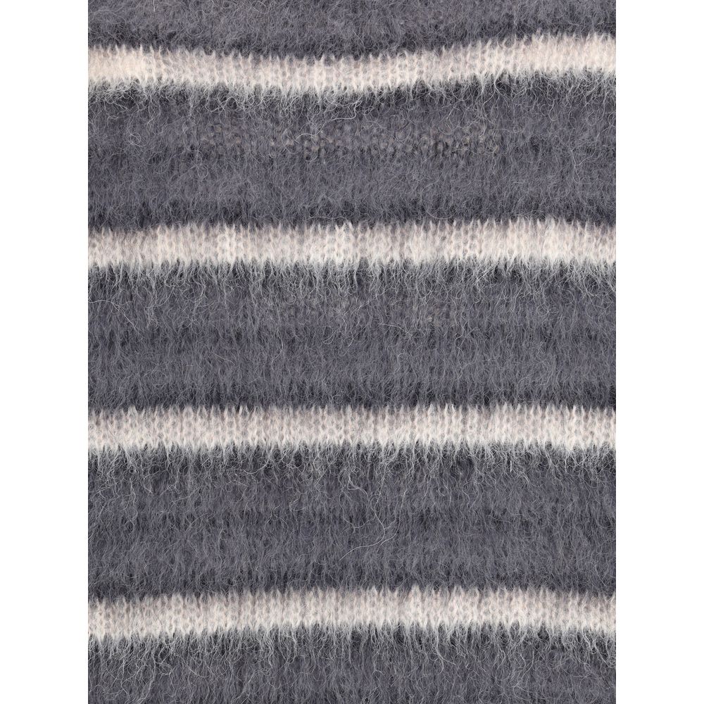 Close-up of the gray striped fabric of a Marni Gray Mohair Sweatshirt made from mohair and polyamide blend, showcasing texture and pattern.