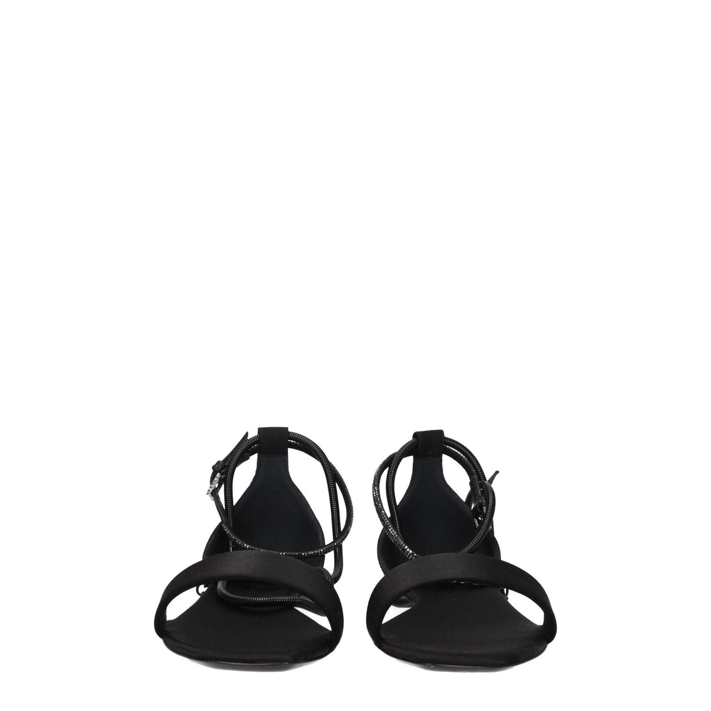 Max Mara Black Satin Flat Sandals with open toe, leather sole, and buckle closure.