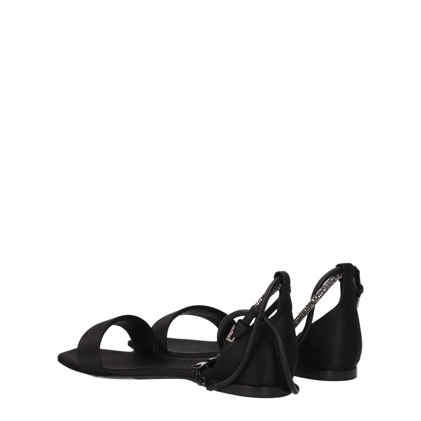 Max Mara Black Satin Flat Sandals with open toe and buckle closure. Low heel, leather sole, casual style. MPN: ELI23452123316001.