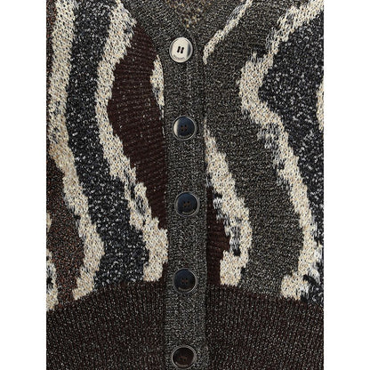 Close-up of Missoni Brown Viscose Cardigan showcasing wave pattern, button closure, and sequins for an elegant touch.