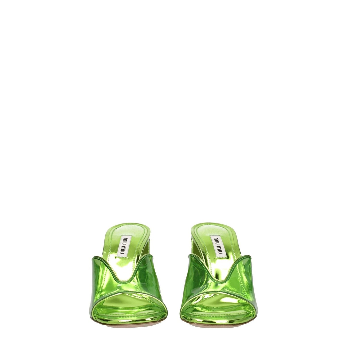 Front view of Miu Miu Green Plexiglass Platform Sandals with open toe design and mid heels.