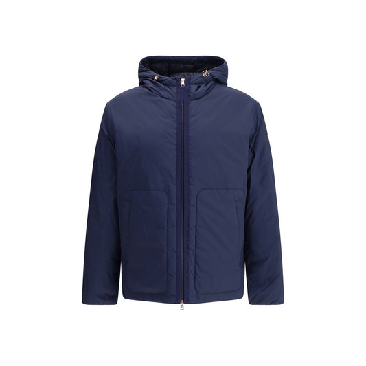 Moncler x Donald Glover Blue Goose Down Full-Length Jacket with adjustable hood and zip fastening, elegant and functional design for AW25.