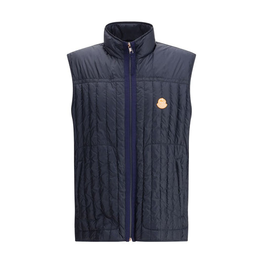 Moncler x Donald Glover Blue Polyamide Sleveless Jacket with vertical quilting, zip closure, and side pockets.