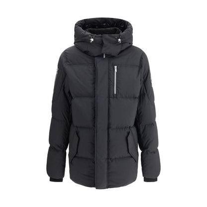 Moose Knuckles Black Nylon Coat with hood, zip and snap closure, and elastic cuffs, showcasing modern winter protection and style.
