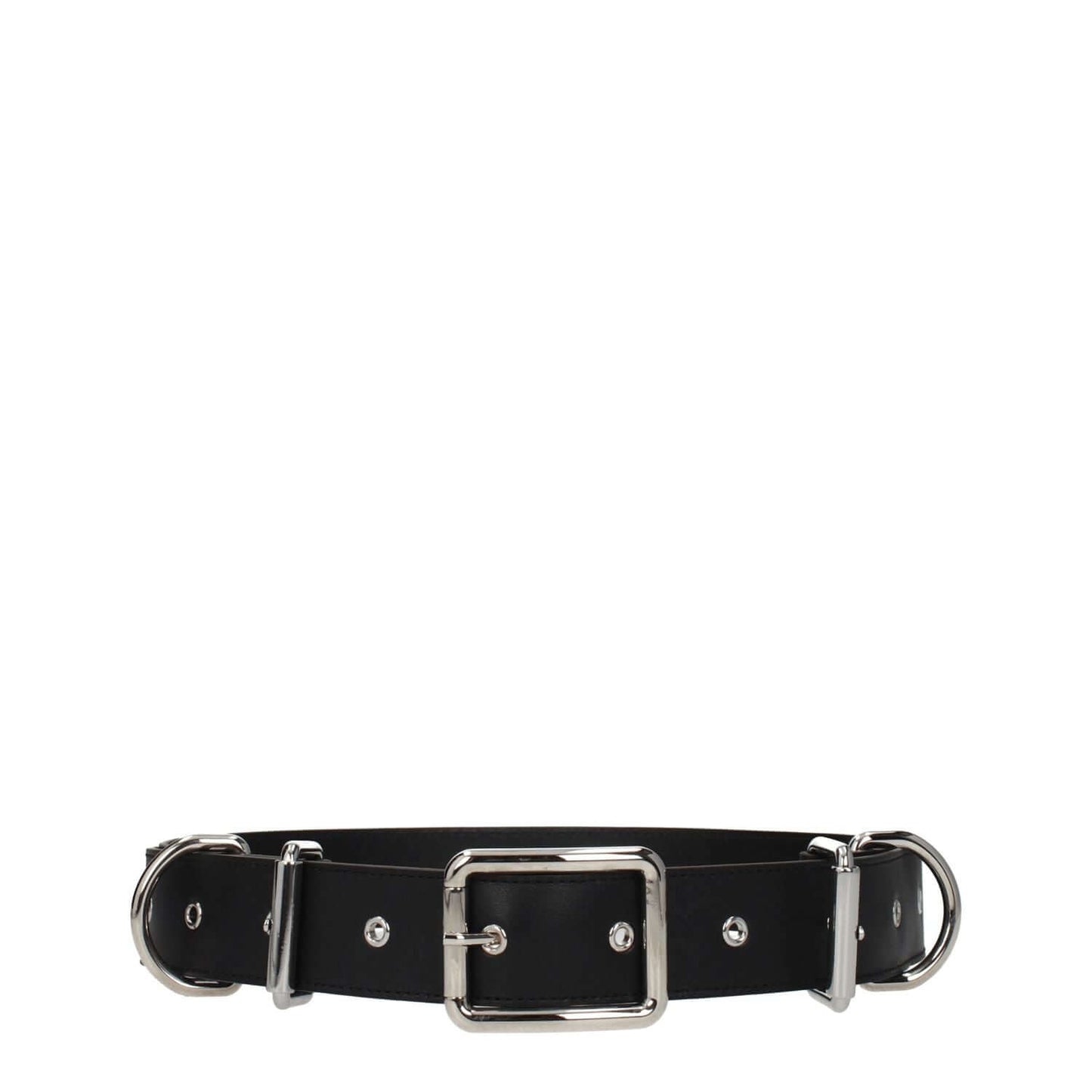 Moschino Black Leather Belt with silver buckle, punk rock style, adjustable size, MPN A803780020555.