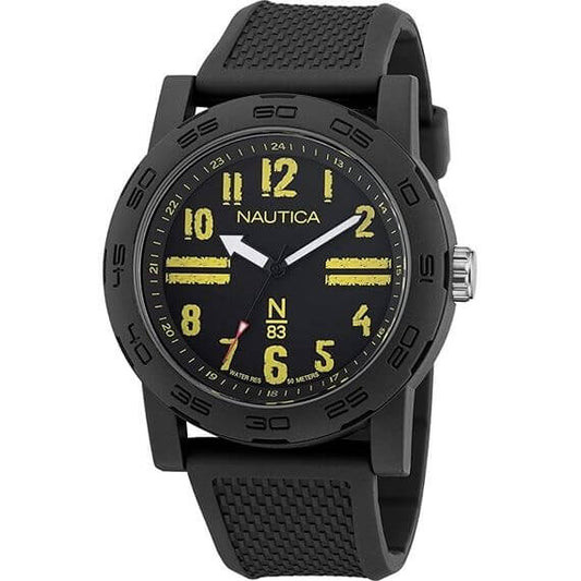 NAUTICA Mod. NAPATS303 Gent Quartz Analog Watch, 44mm, Water Resistant 5 ATM, Black Dial with Yellow Accents, Mineral Material, Bracelet