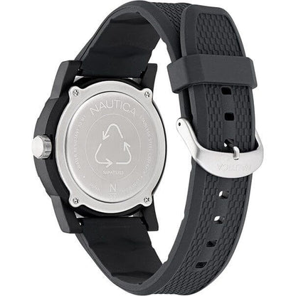 Back view of NAUTICA Mod. NAPATS303 quartz analog gent's watch with black bracelet, showing brand engraving and buckle.