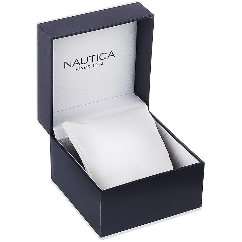 NAUTICA Mod. NAPFWS303 watch official box, quartz analog, gent's 5 ATM water-resistant bracelet displayed for packaging.
