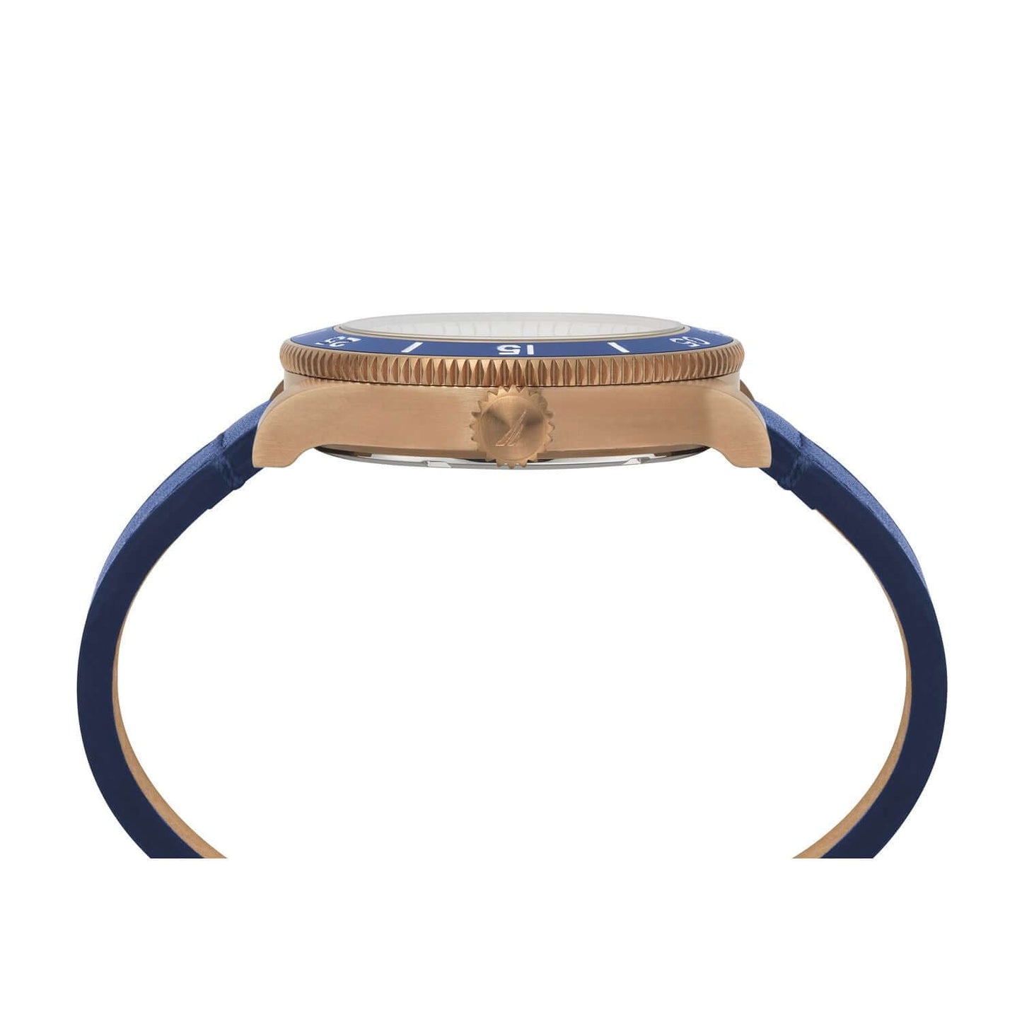 Side view of NAUTICA Mod. NAPHST003 with blue strap, quartz analog movement, 44mm case, and 10 ATM water resistance.