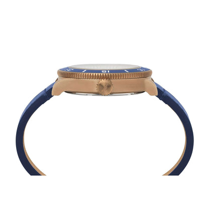 Side view of NAUTICA Mod. NAPHST003 with blue strap, quartz analog movement, 44mm case, and 10 ATM water resistance.