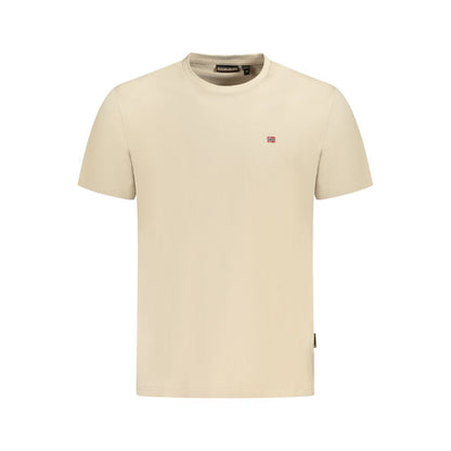 Napapijri Beige Cotton Men T-Shirt with short sleeves, crew neck, and embroidery, crafted from soft cotton for comfort and style.