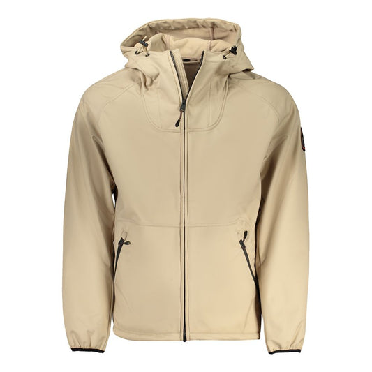 Napapijri Beige Recycled Polyester Men Jacket with hood and contrasting zip details, ideal for stylish and practical outerwear.