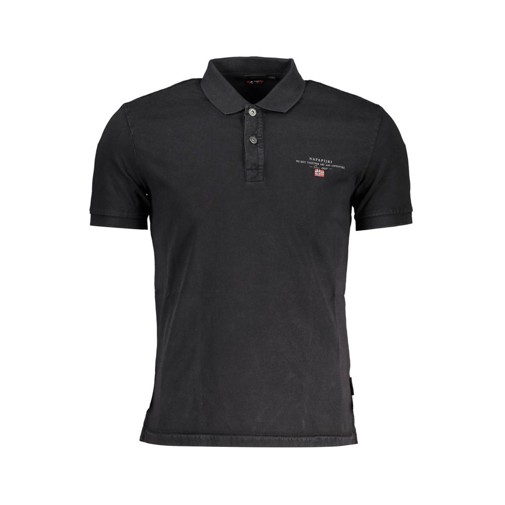 Napapijri Black Cotton Men Polo Shirt with short sleeves and dual-button neckline, featuring sharp print and iconic embroidery for modern style.