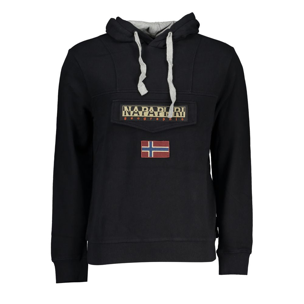 Napapijri Black Cotton Men's Hooded Sweater with logo and central pocket, featuring brushed cotton for ultimate comfort and style.