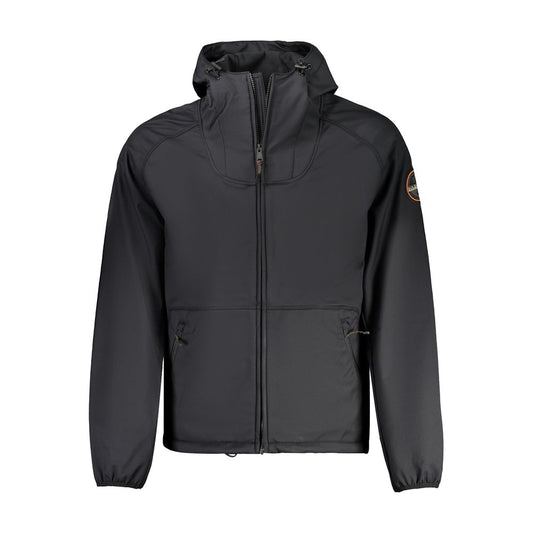 Napapijri Black Recycled Polyester Men Jacket with hood and logo, sustainable and stylish.