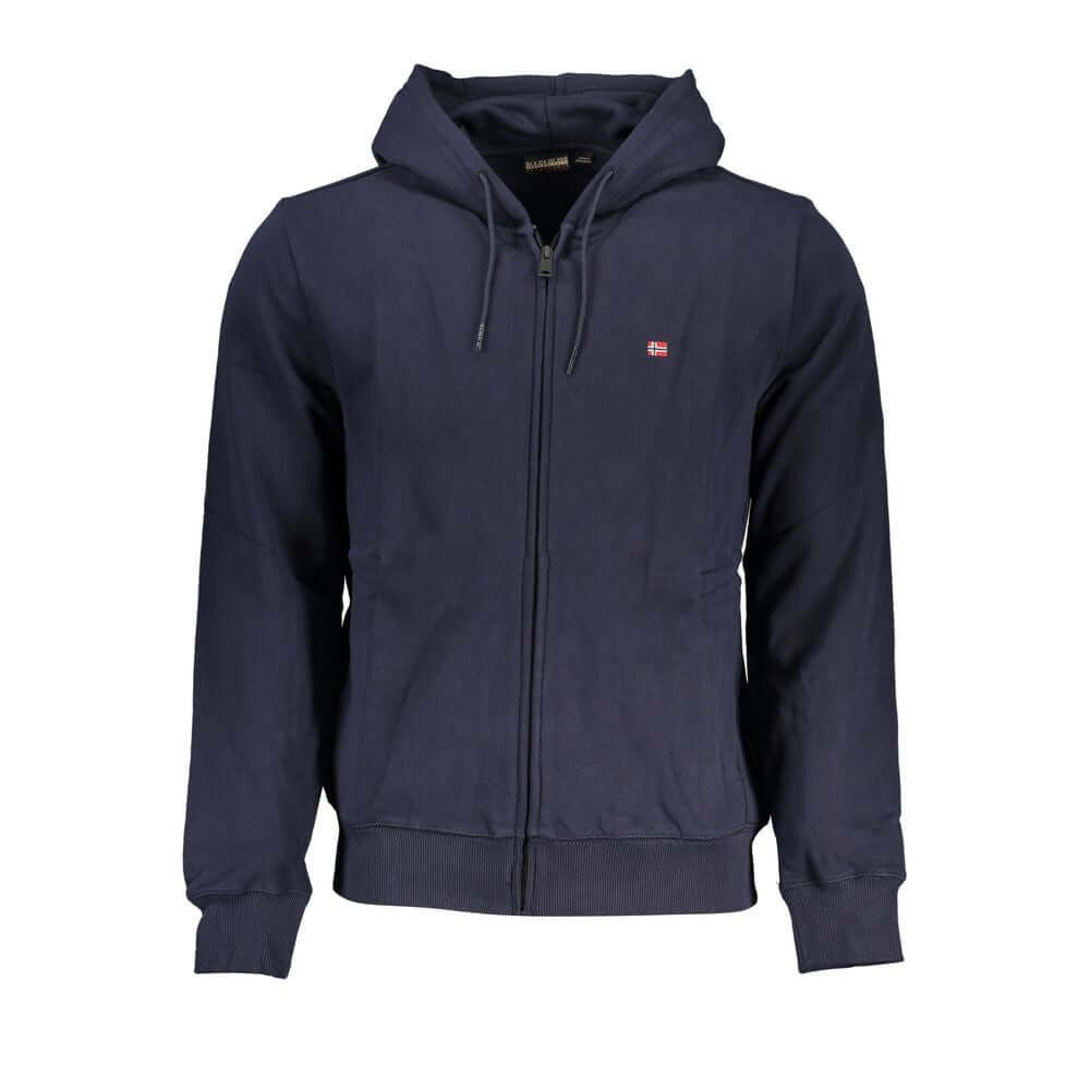Napapijri Blue Cotton Men Sweater with Hood featuring embroidery and logo detailing, designed for style and comfort with practical pockets.
