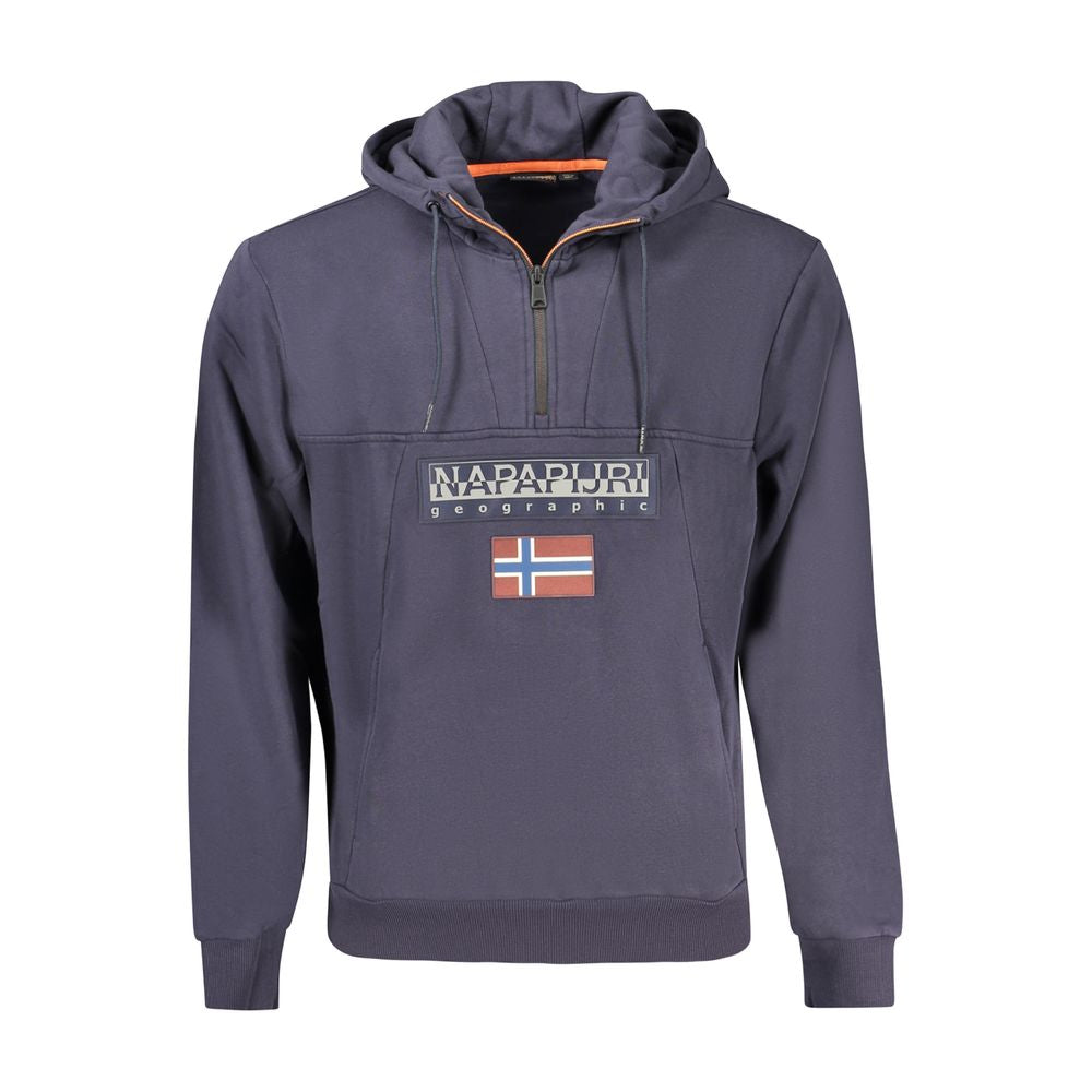 Napapijri Blue Organic Cotton Men Sweater with half-zip and branding appliqué