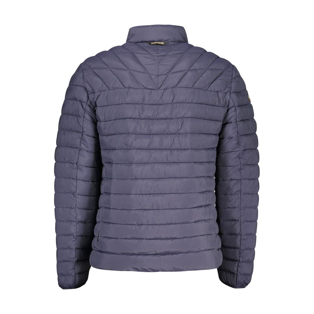 Back view of Napapijri Blue Polyamide Men Jacket showcasing quilted design and structured silhouette