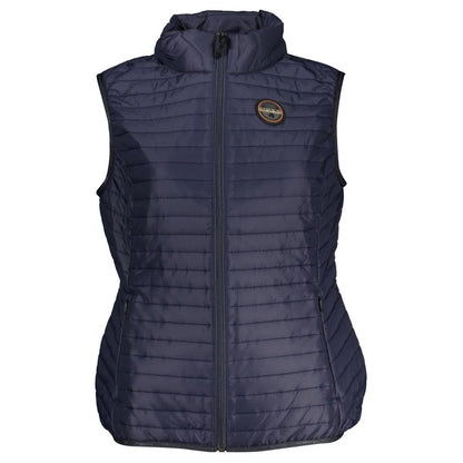 Napapijri Blue Polyester Women's Jacket, sleeveless and trendy, with zip front and logo, perfect for high fashion and functional layering.