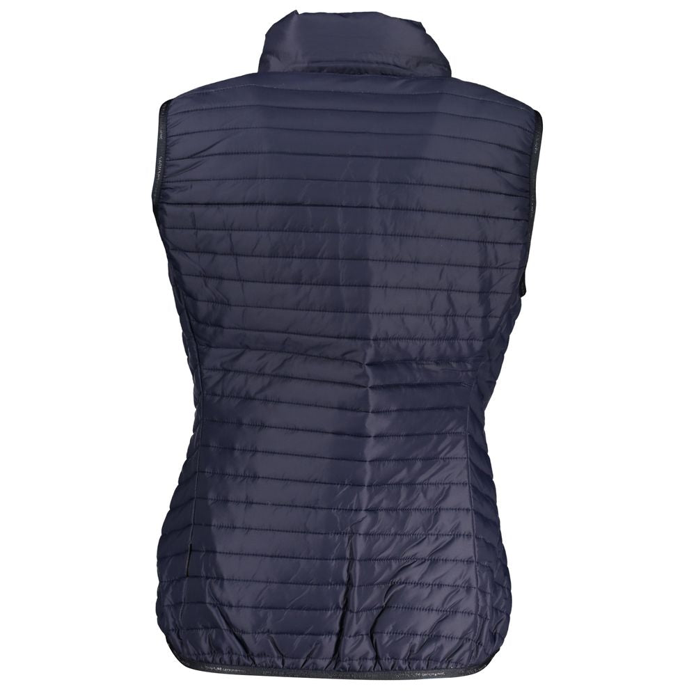 Back view of Napapijri Blue Polyester Women's Jacket showcasing quilted design and sleeveless style for a fashionable layering option.