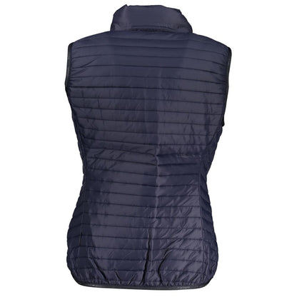 Back view of Napapijri Blue Polyester Women's Jacket showcasing quilted design and sleeveless style for a fashionable layering option.