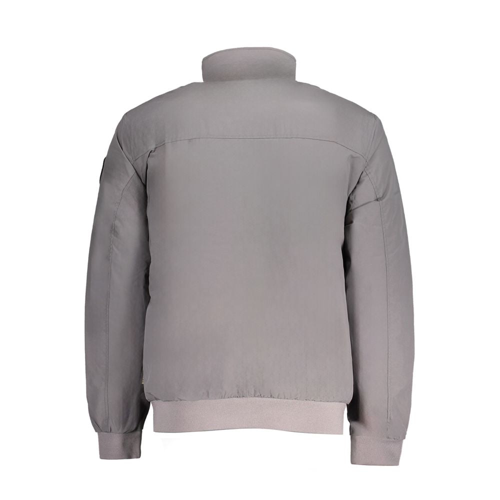 Back view of Napapijri Gray Polyamide Men Jacket, eco-friendly with iconic design, ideal for trendsetters seeking sustainable fashion.