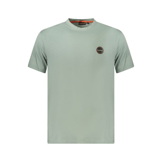 Napapijri Green Cotton Men T-Shirt with short sleeves and crew neck, featuring logo on chest, made from 100% organic cotton.