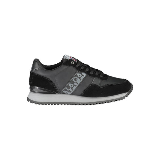 Napapijri Sleek Black Contrast Lace Sneakers with bold printed logo, perfect for casual wear and customization with extra laces.