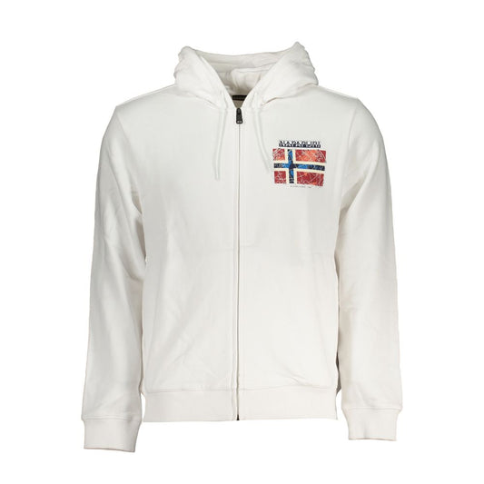 Napapijri White Cotton Men Sweater with hood and zip closure featuring logo and flag accent.