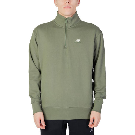 New Balance Green Cotton Sweatshirt with half-zip high collar and embroidered logo on model, perfect for a casual refined look.