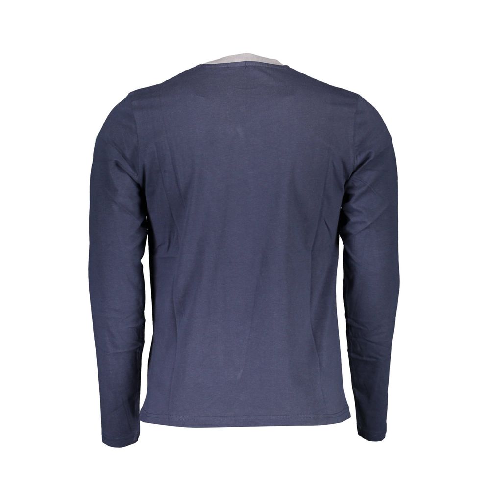 Back view of North Sails Blue Cotton Men T-Shirt showcasing long sleeves and premium cotton fabric.