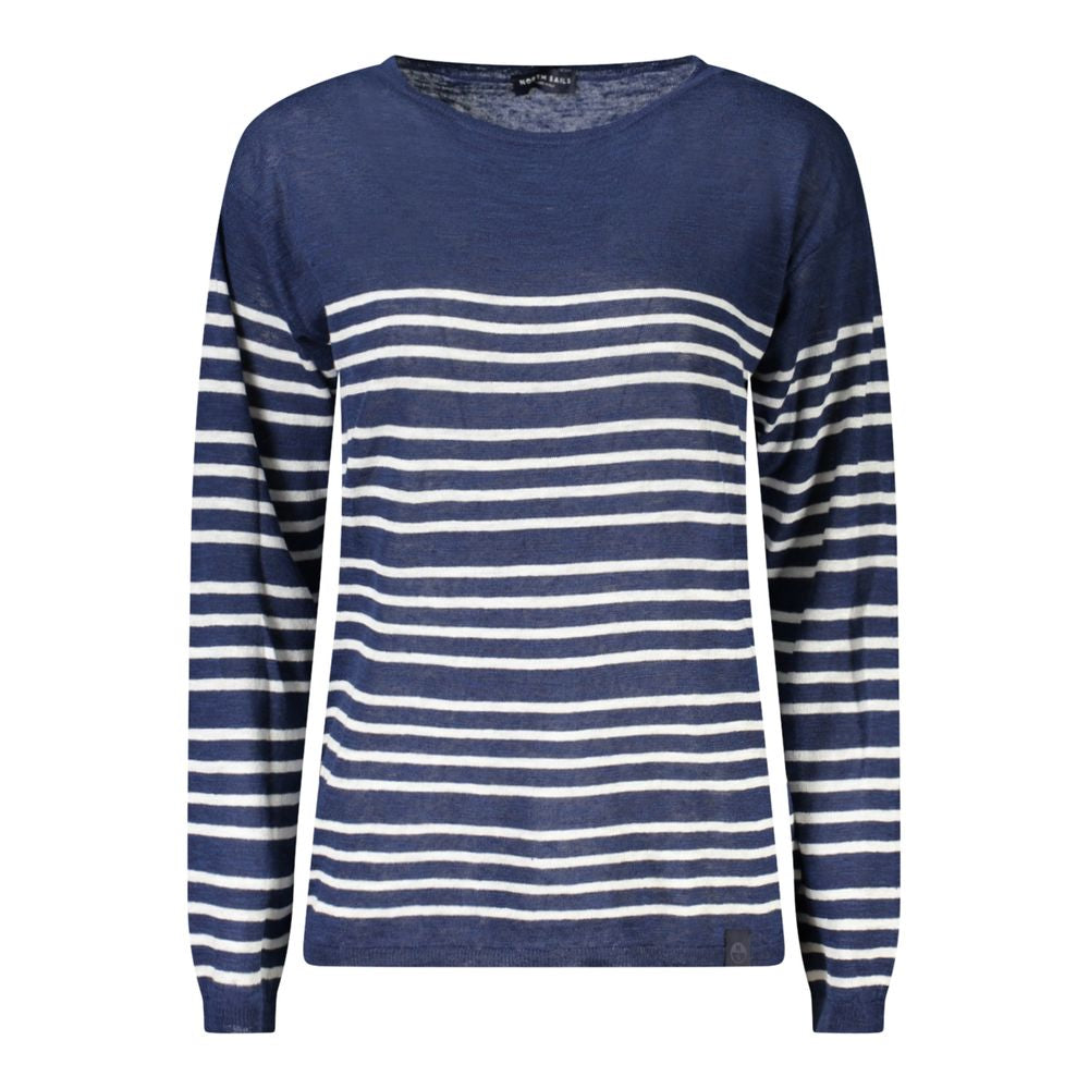 North Sails Blue Cotton Women Sweater with striped long sleeves and wide neckline, featuring nautical-inspired design and logo.