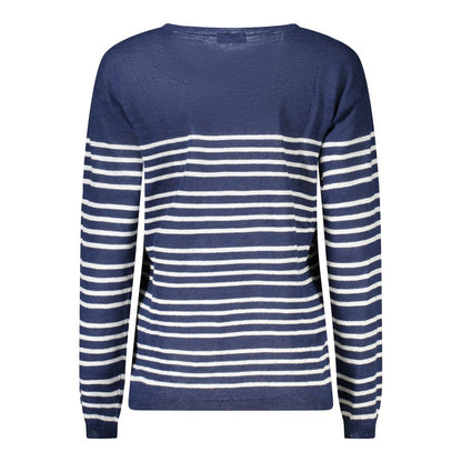North Sails Blue Cotton Women Sweater with striped design and wide neckline, showcasing breathable cotton-linen blend and nautical chic.