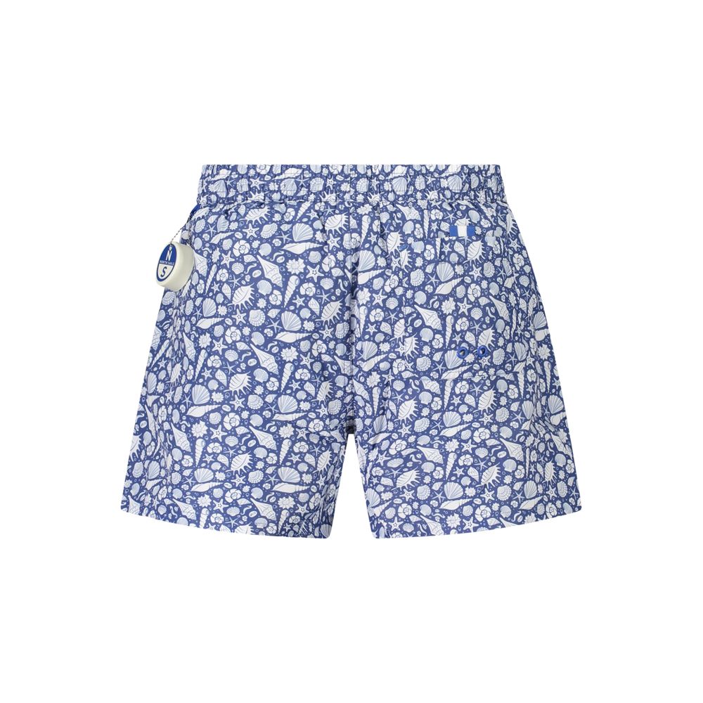 North Sails Blue Polyester Swimwear patterned swim boxer with pockets and elastic waist, featuring ocean-inspired design and logo.