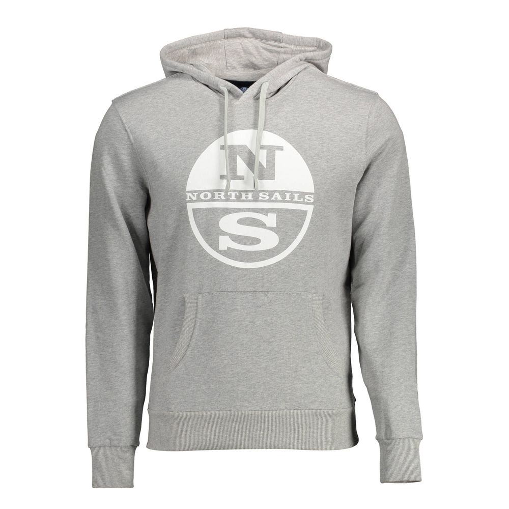 North Sails Gray Cotton Men Sweater with hood and logo, featuring central pocket in suave gray tone for stylish, comfortable fashion.