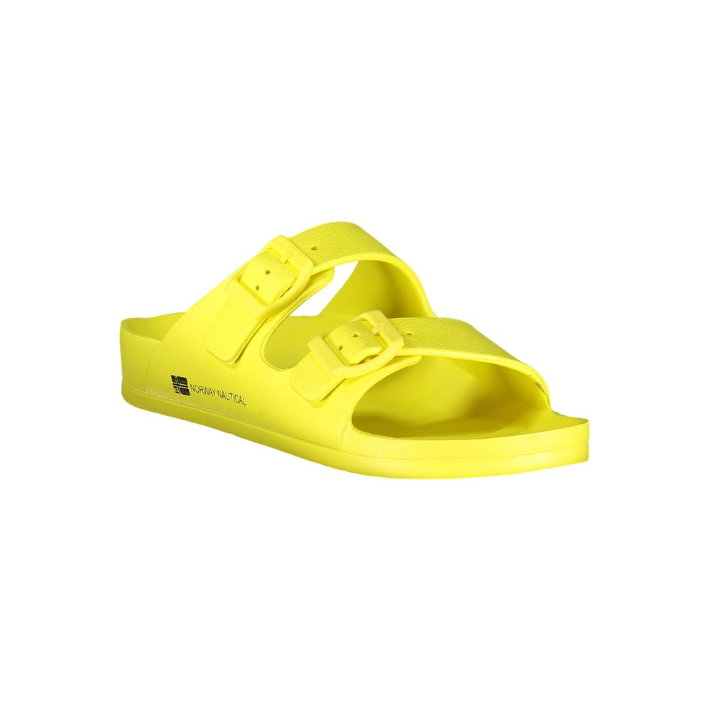 Norway 1963 Yellow Plastic Women Sandal with two buckles and retro-modern design on a white background