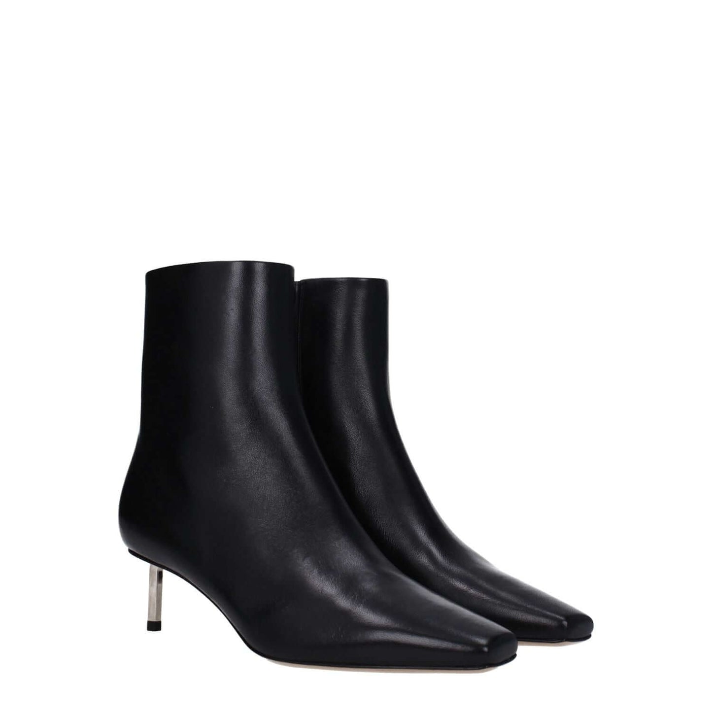 Off-White Black Leather Ankle Boots with mid heels and square toe, featuring zip closure, crafted from premium leather.