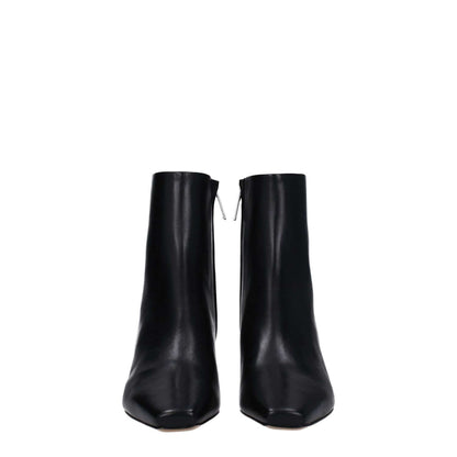 Off-White Black Leather Ankle Boots with square toe, zip closure, and mid heels, made from leather; front view of stylish casual design.