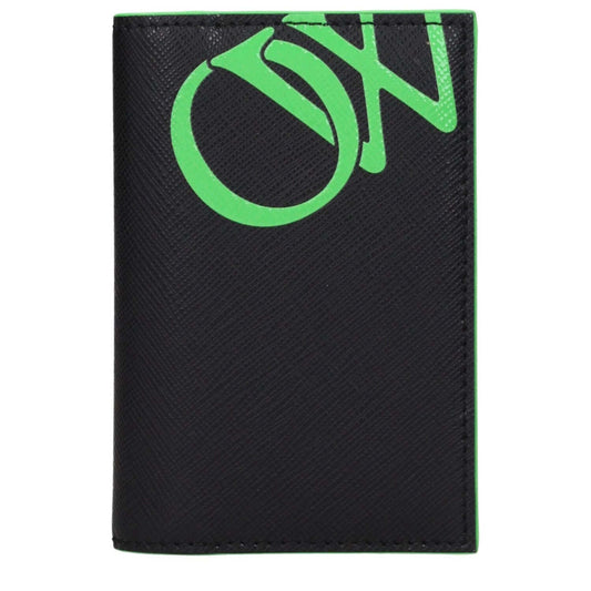 Off-White Black Leather Cardholder with Fluo Green accents and logo detailing, features 9 card slots, MPN OMND083LEA0011070.