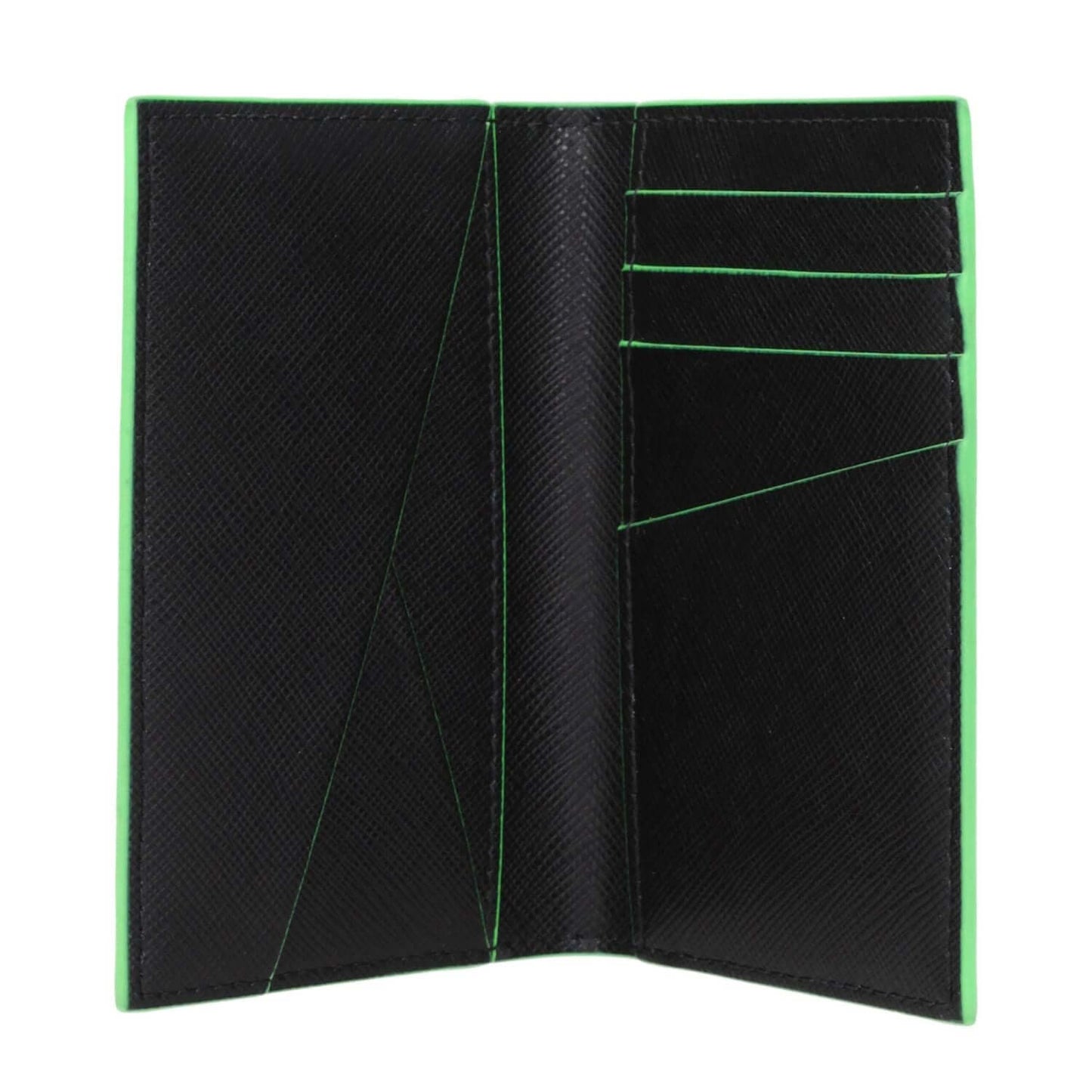 Off-White Black Leather Cardholder with fluo green accents, featuring nine card slots, front and back logos.
