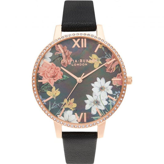 Olivia Burton Black Artificial Leather Dress Watch with multicolored floral dial, pink stainless steel case, and black synthetic leather bracelet.