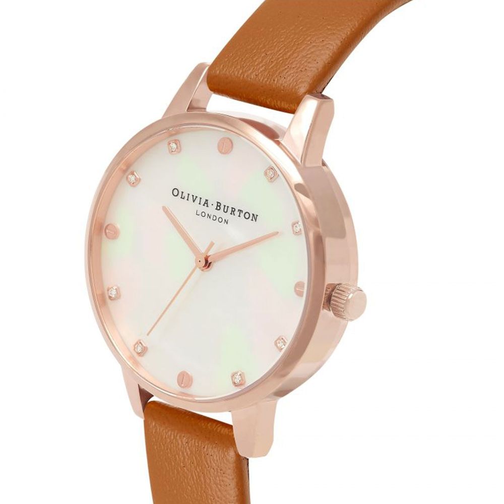 Olivia Burton Brown Artificial Leather Dress Watch with pink stainless steel case and white dial, brown synthetic leather band.