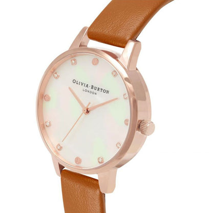 Olivia Burton Brown Artificial Leather Dress Watch with pink stainless steel case and white dial, brown synthetic leather band.