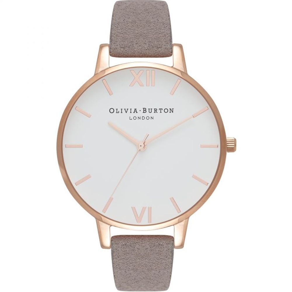 Olivia Burton Gray Artificial Leather Dress Watch with pink stainless steel case, white dial, grey synthetic leather strap, quartz movement.