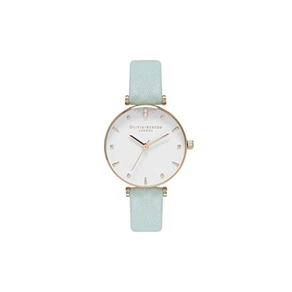 Olivia Burton Green Artificial Leather Dress Watch with golden stainless steel case, white dial, and green synthetic leather strap.