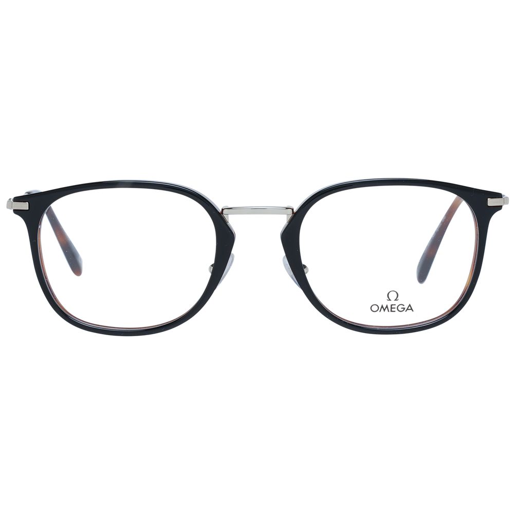 Omega Black Men Glasses Frame with full-rim rectangle style, acetate and metal construction, demo lenses, black color, size 53-21-145.